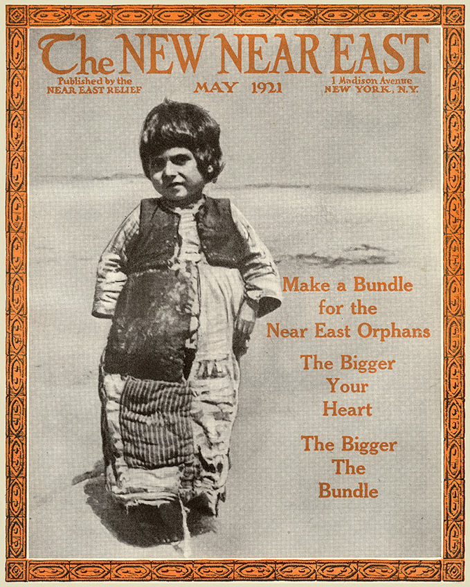 Oproep op de cover van de New Near East om kleren te doneren voor weeskinderen
