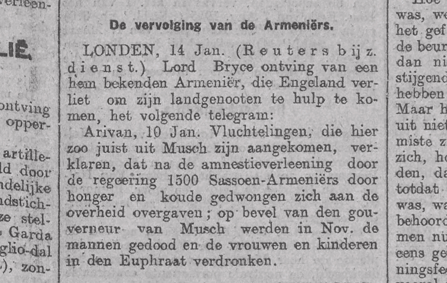 De vervolging van de Armeniërs, Algemeen Handelsblad van 15 januari 1916