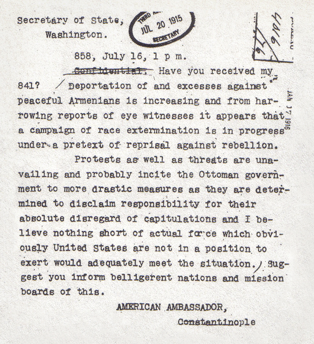 Telegram van de Amerikaanse ambassadeur Henri Morgenthau